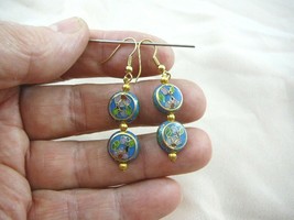 (EE609-20) 12 mm Blue pink flower 2 bead CLOISONNE dangle  Circle disk EARRINGS - £18.47 GBP