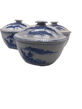 Lot 3 Matching Antique Japanese Blue &amp; White Pottery Covered Rice Bowls  - $65.09