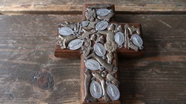 Vintage Cross Religious Medals Outsider Art Wall Hanging 5&quot; - $96.03