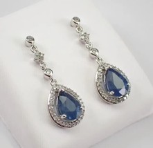 14K White Gold Finish 4.20Ct Pear Simulated Blue Sapphire Drop/Dangle Earrings - £127.00 GBP