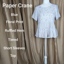 Paper Crane Blue Mix Floral Print Ruffled Tiered Top Size M - £10.98 GBP