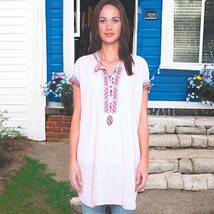 NWT Johnny Was Tunic Small Pinstripe Linen Blend Top / Dress Bold Embroidery - $100.24