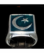  Sterling silver Flag ring Crescent Moon and Star symbol of Islam on Gre... - $149.41 CAD