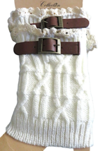 Women&#39;s Ivory Cable Knit Brown Buckle Crochet Trim Boot Toppers Leg Warm... - $19.99