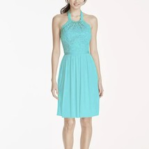 David&#39;s Bridal Short Lace Mesh Dress with Halter Neckline, Aqua, Missy S... - $29.03