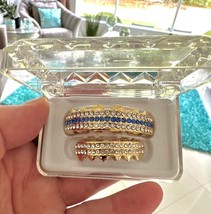 Custom 14K Gold Plated CZ Iced Teeth Grillz Set + Molds, 5 Row Blue Ston... - £12.65 GBP