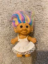 Vintage Bright of America 4&quot; Troll Doll Rainbow Multi-Colored Hair Sundress Sun - £7.50 GBP