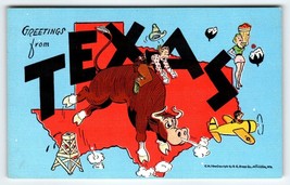 Greetings From Texas Map Bull Plane Sexy Lady Cowboy Postcard Linen EC Kropp - £12.65 GBP