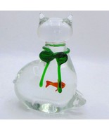 Glass Cat Figurine With Green Bow Orange Fish Encased Inside -Bubbles Un... - $14.36