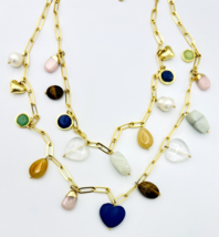 Talbots Gold Tone Double Strand Heart Gemstone Layered Necklace - £23.74 GBP