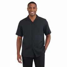Men 2pc Walking Leisure Suit Short Sleeves DREAMS Plaid Satin 253-00 Black image 2