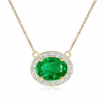 ANGARA East-West Oval Emerald Necklace with Diamond Halo in 14K Solid Gold - £2,333.30 GBP
