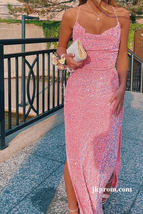 Elegant Side Slit Pink Prom Dresses,Sequin Long Mermaid Party Dress for Wedding - £117.46 GBP