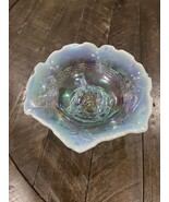 Vintage Blue Iridescent Horse Pony Head Profile Dugan Glass Bowl Greek Key - $124.37 CAD