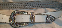 RODEO White Leather Belt Aurora Borealis Rhinestone 30&quot;- 35&quot; Small  1 1/2 &quot; wide - £23.45 GBP