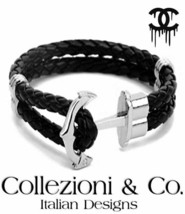 Black Faux Leather Braid Rope 7.5&quot; Silver Anchor Fisherman Fishing Bracelet Gift - £6.37 GBP