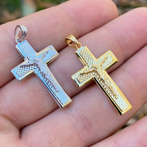Unisex Small Jesus Cross Pendant Religious 14K Gold Plated Sterling Silver - £65.17 GBP