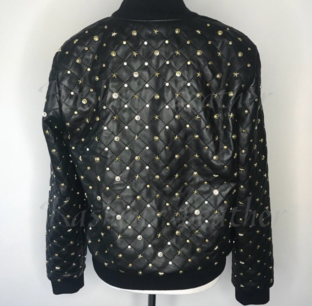 New Woman Black Full Multi Gold Silver Star Studded Biker Quilted Leather Jacket