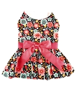  Blooming Blue and Peach Floral Dress with Peach Waist Bow and Leash Siz... - $31.99