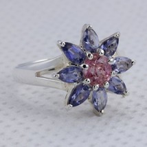 Pink Spinel Burma Round Iolite Petals 925 Silver Ring size 9.25 Flower D... - £100.10 GBP