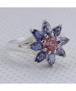 Pink Spinel Burma Round Iolite Petals 925 Silver Ring size 9.25 Flower D... - £99.69 GBP