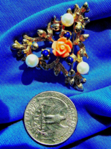 Coral Pearls Lapis Brooch Floral Design Deco Statement Solid 14k Gold 11.4 grams - $2,583.08 CAD