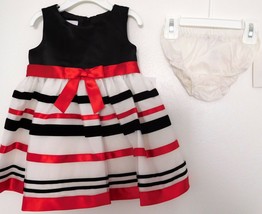 Dress Infant 2 Pc Bonnie Baby Black/Red/White Stripe Satin/Velvet 12M Nwt - £31.96 GBP
