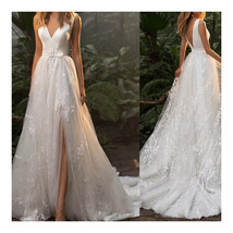 White Wedding Dress   Floor Length Bridal Gown Deep V-Neck V-Back Satin Lace - £237.24 GBP