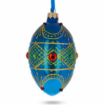 Jeweled Red Ruby on Blue Glass Egg Ornament 4 Inches - £37.95 GBP