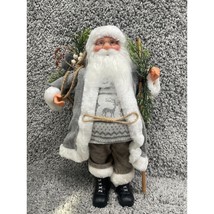 Santa Claus Gray Coat With Bag Winter Standing Collectible Figurine 16.75&quot; - $22.72