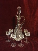 15&quot; Tall Crystal / Etched Glass Decanter and Six (6) Sherry Cordial Glasses - $197.99