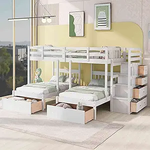 Full Over Twin &amp; Twin Bunk Bed With Drawers, Wooden Triple Bunkbed W/Lad... - $1,601.99