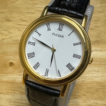 VTG Pulsar Quartz Watch Men V501 Gold Tone White Roman Dial Leather New ... - £18.97 GBP