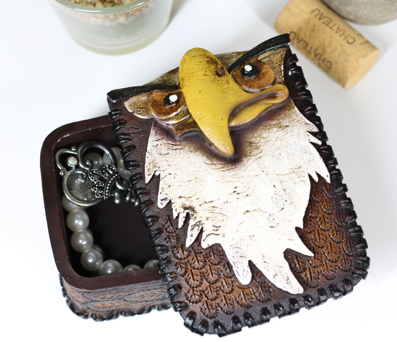 American Bald Eagle Head And Feathers Prints Decorative Jewelry Box Figu... - $21.99