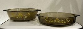 Vintage Glasbake Set Of 2 Round AMBER Casserole Dish &amp; Pan Yellow Daisy ... - $28.66