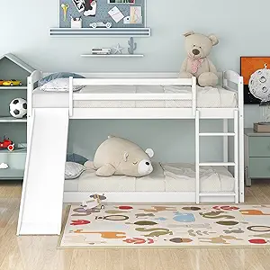 Twin-Over-Twin Low Bunk Bed Frame With Slide Ladder And Guardrail For Ki... - $547.99