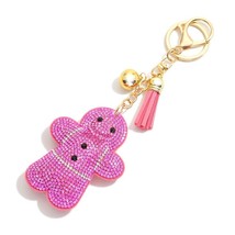 Bling Rhinestone Puffer Gingerbread Man Tassel Keyring Bag Charm Pink - $13.86