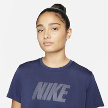 Nike Dri-FIT One Crop Top Shirt Womens L Navy Blue Silver Logo Athletic NEW - £23.29 GBP