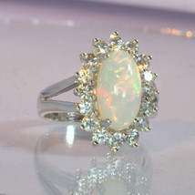 Ladies Ring Welo Opal White Sapphire Handmade Sterling Halo Design 54 size 6.75 - £172.15 GBP