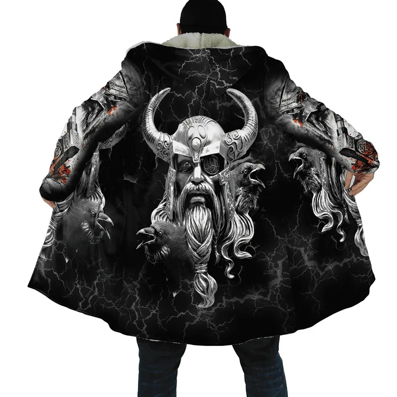 Fashion Winter Men&#39;s Cape Vi Odin Warrior Tattoo 3D Printing Thickened Fleece Ho - £180.39 GBP
