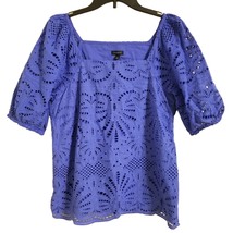 Talbots Women&#39;s Size 8 Blue Eyelet Square Neck Puff Sleeves Cotton Blouse Top - £42.57 GBP