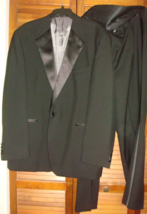 STAFFORD Black Tuxedo Suit ~ Jacket 48x34&quot;, Pants 44 x 30&quot;, Cumberbund - £32.79 GBP