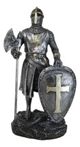 Medieval Suit Of Armor Crusader Knight With Axe And Large Shield Figurine - £15.13 GBP