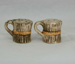Vintage Set Of Ceramic Wood Texture Look Mug Shaped Salt And Pepper Shakers - £7.48 GBP