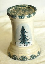 Stoneware Folk Art Candle Holder Green Spongeware Pine Trees Country Craft M - £17.02 GBP