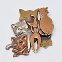 K&amp;T Vintage Cat Collage Brooch Multitone Metal Copper Silver Gold Tone - £13.51 GBP