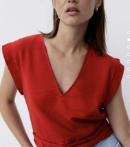 Zara Women Red V-neck Gathered Waist Short Sleeve Blouse XS - £26.16 GBP