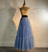 Dusty Blue A-line Layered Tulle Skirt Women Custom Plus Size Tulle Maxi Skirt
