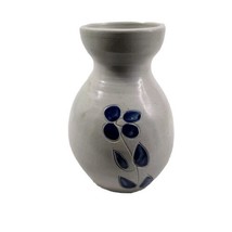 Vintage Salt Glazed Pottery Cobalt Blue Leaf Design Carafe Pitcher Vase 6.5&quot; - £21.41 GBP