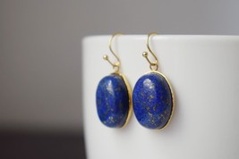 Lapis Lazuli Gold Earrings Dangle, Oval Blue Lapis Earrings, Royal Blue, Hanging - £28.39 GBP
